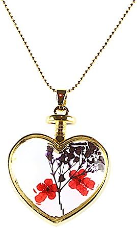 Blue and Red Pressed Flower Heart Shaped Pendant Necklace