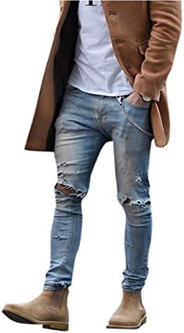 Men's Vintage Skinny Fit Destroyed Cotton Denim Jeans with Knee Open Rips W31