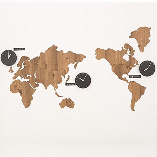Acrylic Wooden Wall Clock Quartz Movement "Silent Tick" Large World Map Stickers Home Living Room Decor Clock , Brown