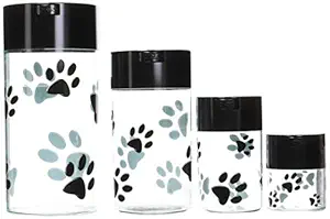 Pawvacs Set of 4 (3, 6, 12, 24 Ounce) Vacuum Sealed Pet Food Storage Containers; Black Cap & Clear Body/Black Paws