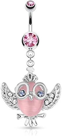 PunkJewelry Belly button piercing Owl with glasses 316L Surgical steel - 316L surgical steel, Shocking Pink, 316L Surgical Grade Stainless Steel