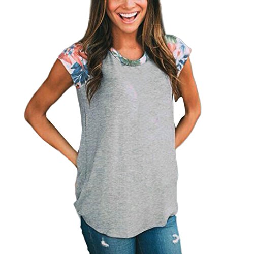Preisvergleich Produktbild OverDose Damen Lässige Blumen Splice-Streifen Druck Rundhalsausschnitt Pullover Bluse Tops T-Shirt (S, F-Grau)