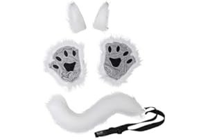 NICEYEA Disfraz de Halloween de peluche, orejas de gato, cola de gato, guantes de cosplay, juego de disfraz de gato, cosplay, juego de disfraz de zorro, lobo, cola de lobo, guantes con clip, orejas de