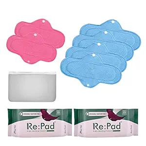Re:Pad Reusable Sanitary Pads for women, | (2 Pads for moderate flow (Pink) + 4 Pads for heavy flow (Blue) + 1 Leak Proof Sanitary Pad Pouch) | Lasts Up To 1 .5 Years | Highly Absorbent & Skin Friendly. Certified Organic Pads for women