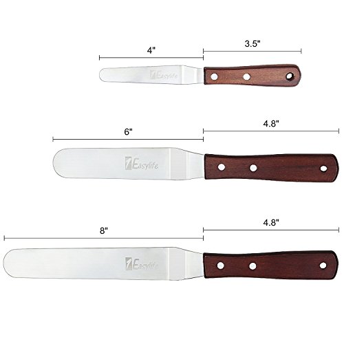 3er Winkelpalette Streichpaletten Set aus Edelstahl von 1Easylife, (10cm/15cm/20cm) Streichflächen, Tortenmesser für Hochzeit ,Winkelpalette mit Holzgriff ,Glasurmesser,Kuchen Streichmesser Icing für Fondant Cupcake, Dekorieren Werkzeuge,(4″/6″/8 “ Streichpalette set) - 5