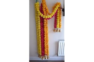 ESTATIONERYHOUSE Esatationeryhouse Marigold Garlands Flowers Artificial with Gold Bell Mixed Color Pack of 3.