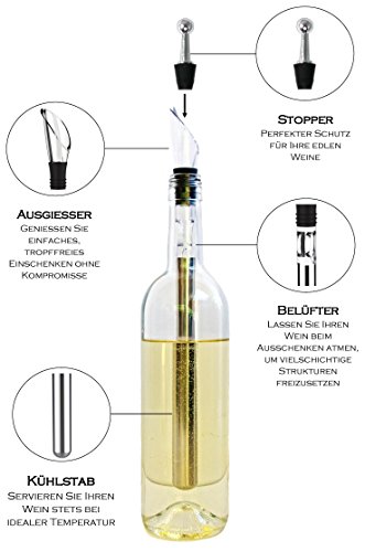 Weinkühler von VINENCO + Folienschneider, Edelstahl-Stopper & Aufbewahrungsbeutel – Premium 3-in-1 Flaschenkühler mit Dekantier-Ausgießer und Edelstahl-Kühlstab - 4