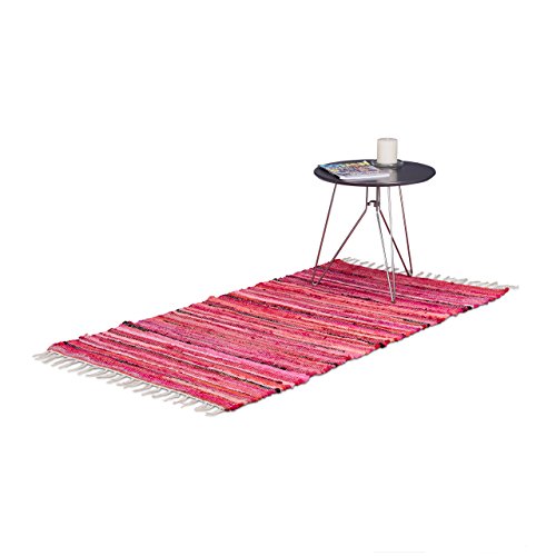 Relaxdays Flickenteppich 70 x 140 cm mit Fransen aus Polyester und Baumwolle, mehrfarbig, Fleckerlteppich, rot - 3