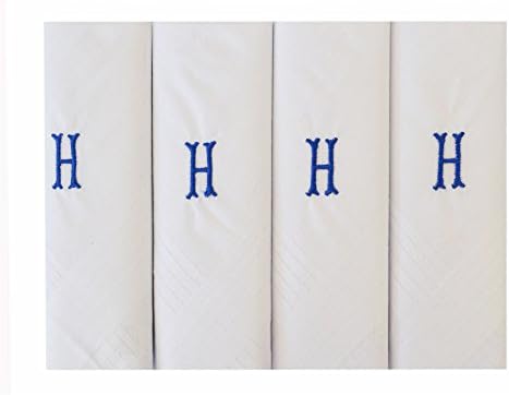 4 Pack Mens/Gentlemens Initial Embroidered White Handkerchiefs With Satin Border, H