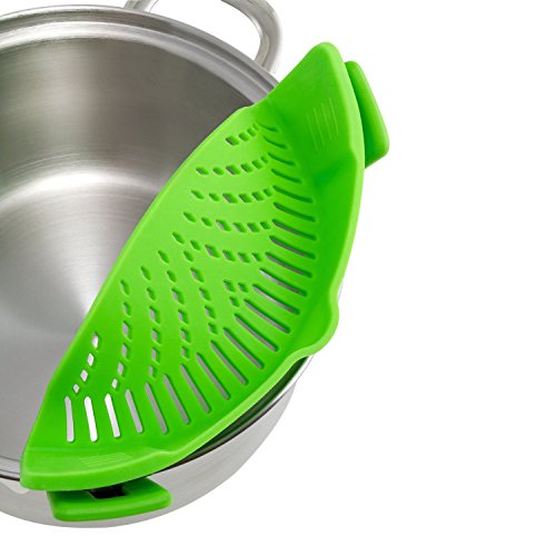 SNAP n STRAIN Pot Strainer,Homi Kitchen Extras Silicone Clip-On Drainer Colander for Draining Food, Universal Size Fits All Cookware (1, Green) by Homi - 2