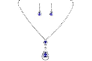 Wedity Wedding Crystal Necklace Earrings Set Bride Choker Necklaces Blue Pendant Jewelry for Women and Girls