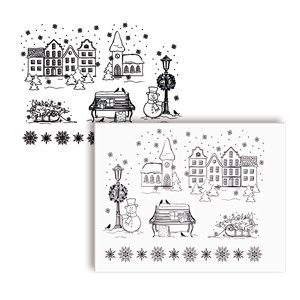 Viva Decor My Paper World Silikon-Stempel 067 Set mit 6 Stempel, "Weihnachtsstadt", Clearstempel, Motive: Stadt im Schnee, Kirche, Parkbank, Laterne mit Schneemann, Schlitten, Bordüre Eiskristalle