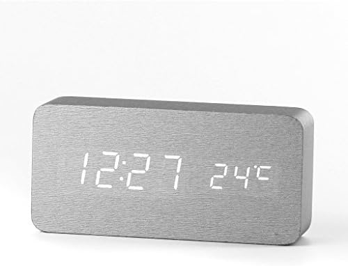 Sucun Cuboid Sound Control Wooden LED Digital Alarm Desk Clock Thermometer Calendar for Home Bedroom Office Use - USB/ AAA Battery Powered (Silver Wood + White LED)