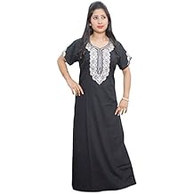 Mogul Interior WomensNightdress Black Embroidery Cotton Lounger House Dress