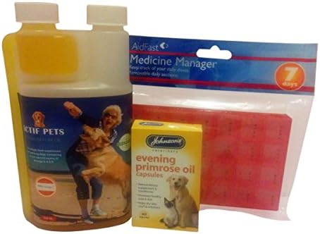 Dog Supplements for joints and itchy/flaky skin - Flax Oil and Evening Primrose Oil Capsules for Dogs with pill organiser