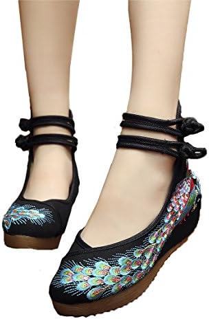 HANMAX Womens Embroidered Peacock Spangly Beading Platform Prom Dress Oxfords Sole Shoes Black