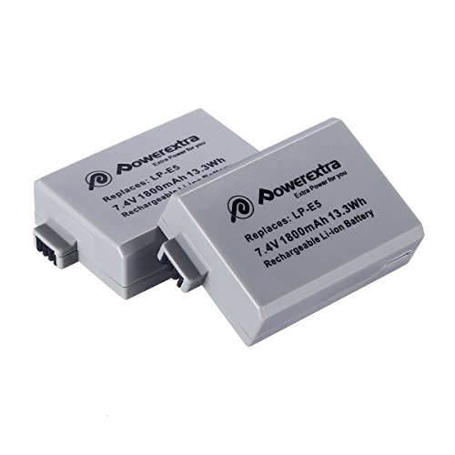 Powerextra 2 Pack 7.4V 1800mAh Replacement Canon LP-E5 Battery And Charger for Canon EOS Rebel XS, Rebel T1i, Rebel XSi, 1000D, 500D, 450D, Kiss X3, Kiss X2, Kiss F (Free Car Charger Available)