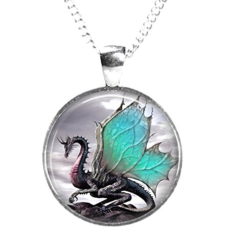 Rosetta London Con aletas DRAGON - colgante de cristal de fotos de madera de cadena - bañado en plata (de fotos diseño de M9)