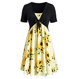 Yvelands Damen Sommerkleider Set Mode Kurzarm Bogen Knoten Verband Top Sunflower Print Minikleid Anzüge(Schwarz,EU-36/M)