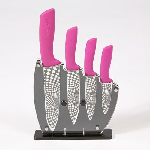 ROCKNIFE Zirconium Ceramic Kitchen Knives | Black & White Check Collection - Pink Handle Set