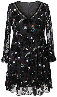 LYQQ Jin Ping® Dress, Autumn Fat mm Waist Cover Belly Flocking Chiffon Printed Dress Flocking Process (Color : Black, Size : 4XL)