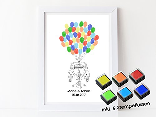 Fingerabdruck Gästebuch DIN A3 buntes Auto - Just Married - personalisiert für deine Hochzeit mit Stempelkissen
