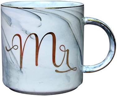 Indeedshare Mr Mrs Ceramic Coffee Mug Gift - Gold &amp; Marble Cups for Wedding Engagement and Couples Anniversary(Mr)
