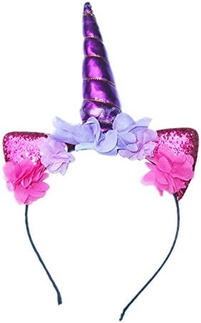 HAPPYQUDA Shinning Unicorn Horn Headdress Flower Kids Party Halloween Cosplay Hair Hoop Headband Floral Animal Head Wrap Costume Makeup Wedding Headdress Hair Accessories(Purple)