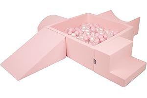 KiddyMoon Aire De Jeux en Mousse avec Carré Piscine À Balles (300 Balles) Fosses À Boules pour Enfants Jouets Parcours Obstacles, Fabriqué en UE, Rose:Rose Poudre/Perle/Transparent