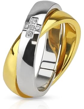 Paula & Fritz® Ring aus Edelstahl Chirurgenstahl 316L gold 10mm breit Kombinationsring mit Kreuz aus Zirkonia...