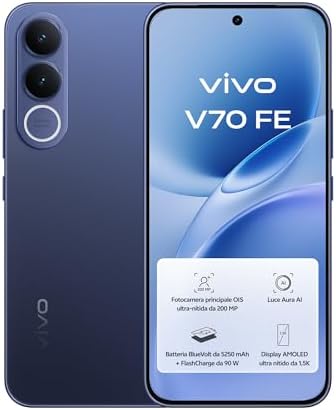 Smartphone vivo V70 FE, fotocamera principale da 200 MP, 256 GB di ROM, 8 GB di RAM, batteria BlueVolt da 5250 mAh, FlashCharge da 90W,display AMOLED ultra-nitido da 1,5K, IP68 e IP69
