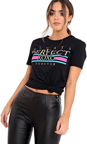 Gugu Fashion New Women Ladies Girls Celebrity Queen Bonjour Perfect Guilty Bonjour Slogan Striped T shirts Tops (Perfect XOXO Black, M/L)