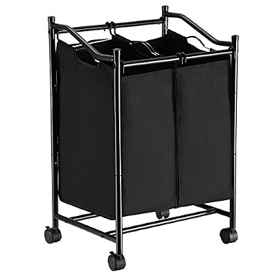 SONGMICS Chariot Panier à Linge de Double Sac, Corbeille à Linge avec roulettes, Panier à Linge avec Sac Indépendant, Volume Totale 90L, Noir LSF002BK