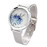 LEXPON Neue Frauen Mesh-Quarz-Armbanduhr runden Zifferblatt Edelstahl Quarz-Art Geschenk Blaue Lotus