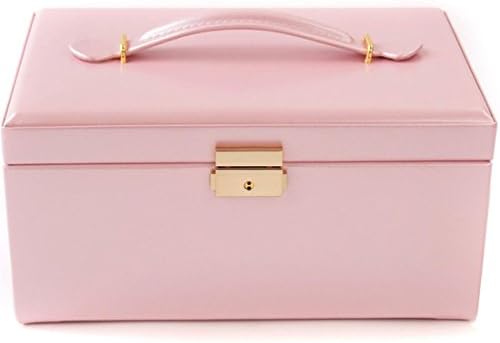 Meydlee Top PU Leather Jewelry Box Large Capacity Lockable Makeup Storage Case with Mirror-Handle-4 Slide Drawers , pink