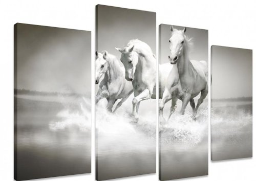 Art_Depot_OutletPICTURE - Multi Split Panel Canvas Artwork Art - Three Horses Running Galloping On A Beach In Water 4 Panel - 101cm x 71cm (40"x28")