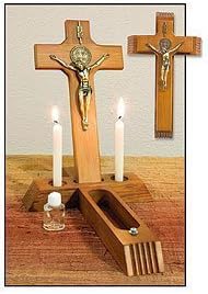 Gifts of Faith Milagros Saint St. Benedict Sick Call Set, Includes top quality two piece Wood Crucifix and a Glass Holy Water Bottle with Rose Shaped Top by Hail Mary Gifts