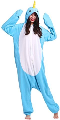 PALMFOX Unisex Kigurumi Animal Cartoon Cosplay Hoodie Onesie Adult Pajamas Halloween Sleepwear Costume, Narwhal
