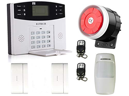 ECTECH Kits de seguridad,GSM Sistemas de seguridad para el hogar con 1 sensor de movimiento PIR y 2 Controles Remotos,2 sensores de Puerta de Ventana,1 Sirena