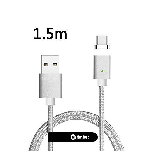 NetDot 1.5M 3. Generation Nylon geflochtene USB-C 2.0 Magnetische Lade- und Datensynchronisationskabel fÃ¼r USB-C Smartphone und Tablet (1.5M Typ-C / Silber)