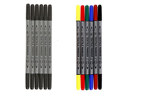 12 Textilmalstifte, Stoffmalstifte, Textilstifte mit dünner und dicker Spitze, Strichstärke: 2,3+3,6 mm Schwarz und farbig