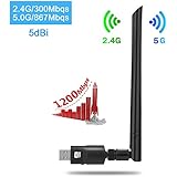 Wifi Adapter 1200Mbps USB 3.0 Wifi Dongle Dual Band 2.4G/300Mbps+5G/867Mbps Wireless Network Adapter with 5DBi Antenna for Desktop TV Laptop PC Linux Windows10/8.1/8/7/XP Mac