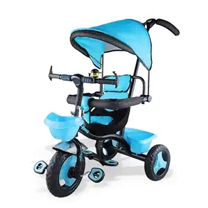 TOYLELO 3in1 Baby Tricycle Kids Pedal Tricycle w/ Pusher Removable Canopy Safety Bar Storage, Rubber Wheels/Tyre,Upto 35Kg,Metal Frame, Footrest Baby Cycle for Kids for 1 Year to 5 Year (Blue)