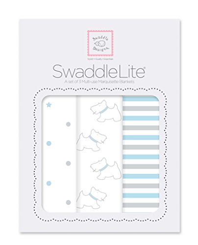 SwaddleDesigns Marquisette Swaddle Blankets, Premium Cotton Muslin, SwaddleLite Set of 3, Little Doggie, Pastel Blue