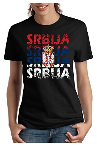 OM3 – SRBIJA – Damen T-Shirt tailliert – SERBIEN SERBIA EM 2016 FRANKREICH FRANCE FUSSBALL FANSHIRT SOCCER SPORT TRIKOT EUROPAMEISTER, M, schwarz