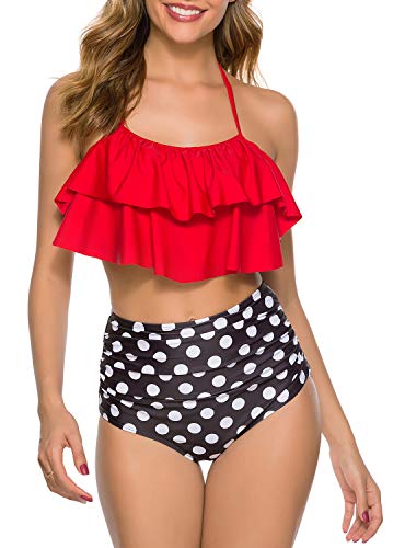 TRENDOUX Badeanzug für Damen, Retro-Bikini mit hoher Taille, Zweiteiliger Badeanzug mit wasserdichter Handyhülle - Rot - X-Large
