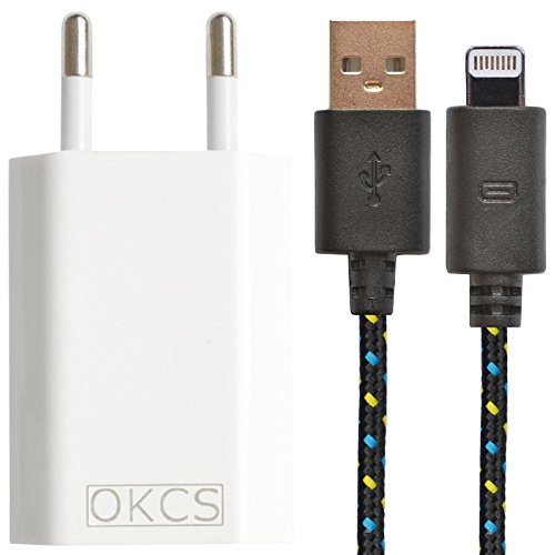 Original OKCS® Ladeset - 1A Netzteil + 1 Meter Textilkabel - Ladekabel, Datenkabel Textil geflochten -iOS 9 kompatibel- USB 2.0 passend für iPhone 6s Plus / 6s / 6 Plus / 6 / 5s / 5c / 5, iPad Air / 2, mini / 2 / 3 / 4, iPad 4, iPad Pro, iPod touch 5th generation, und iPod nano 7th generation in schwarz
