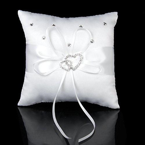 SODIAL(R) 2 Stk Weiss Blumen Maedchen Korb Kristall Strass Dekor und 1 Stk Hochzeit Ringkissen 15cmx15cm Weiss Doppel Herz Kristall Strass - 6