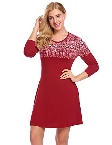 Damen Winter Strickkleid Longpullover im Norweger-Look Nordic Ski Snowflak mit Rundhalsausschnitt Langarm Gemustertes Kleid Knielang für Weihnachten Alltag Party Urlaub Weinrot M Damen Winter Strickkleid Longpullover im Norweger-Look Nordic Ski Snowflak mit Rundhalsausschnitt Langarm Gemustertes Kleid Knielang für Weihnachten Alltag Party Urlaub Weinrot M