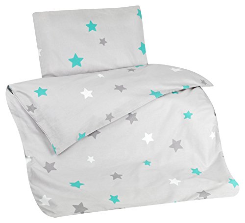 Aminata Kids Bettwäsche Kinder Sterne 100x135 cm grau türkis Kinderbettwäsche-Sternmotiv Bettwäsche Kinder Stern Baumwolle Reißverschluss RV Kleinkind